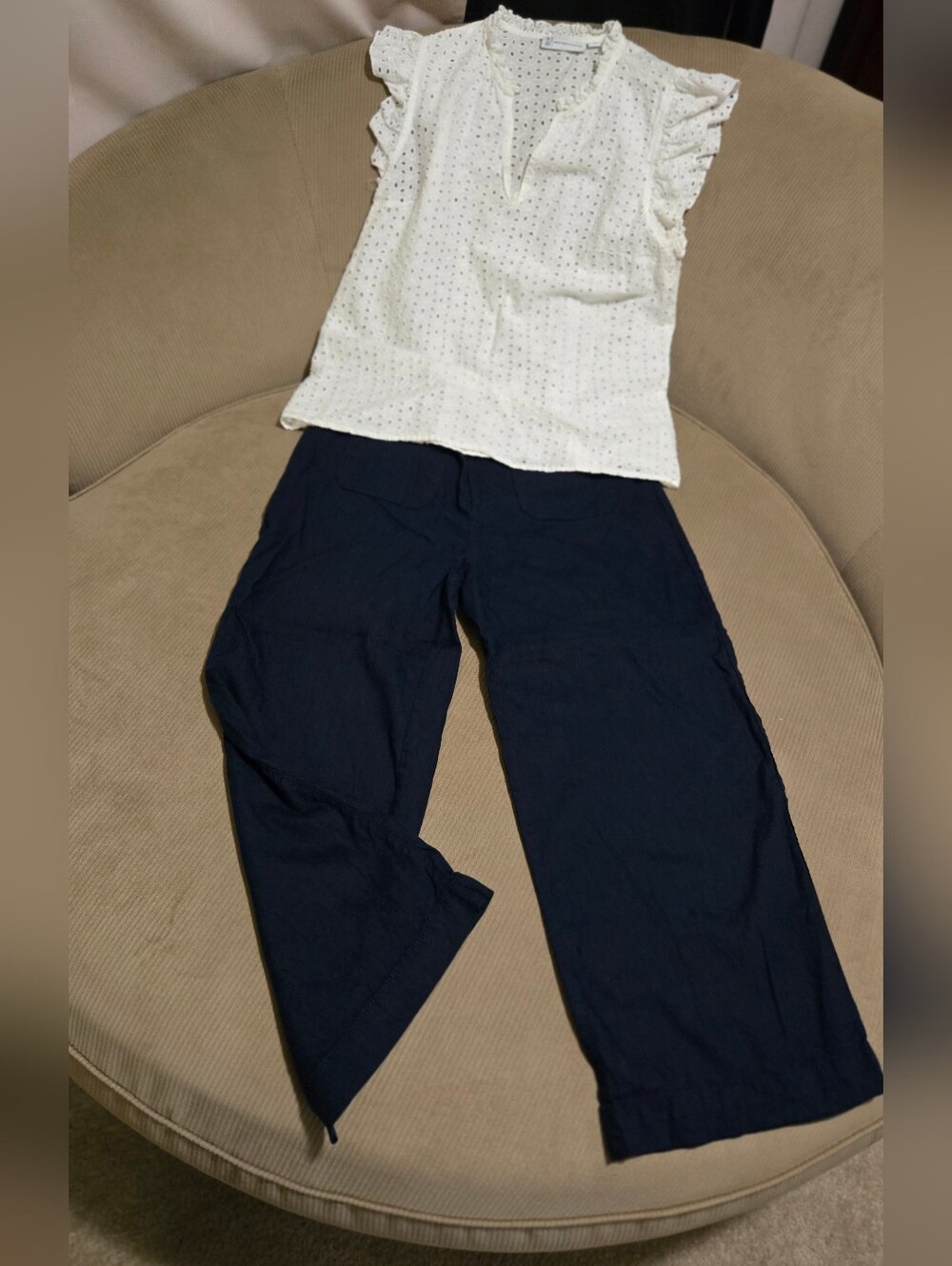 New York & Company White Eyelet Blouse with Scalloped Trim The Palmer Wide Leg
